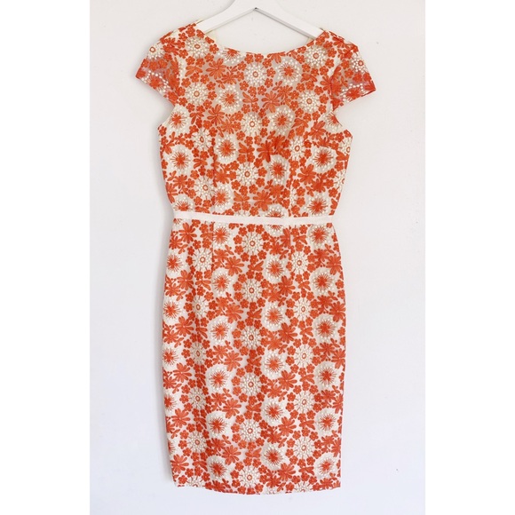 MUSE sz 2 Embroidered Floral Orange Sheath Dress Scalloped Back - Picture 1 of 17